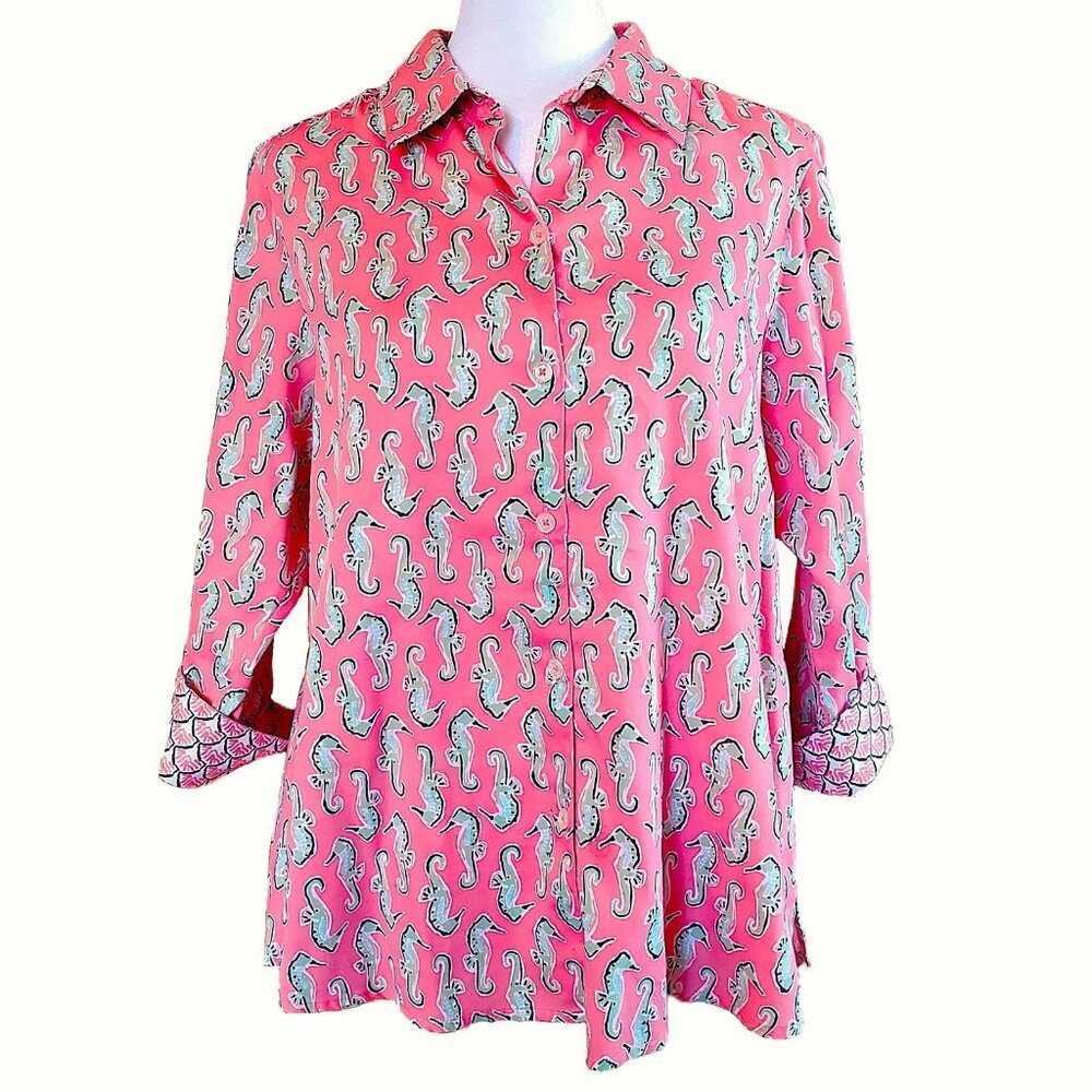 Foxcroft Appleseeds Coral Seahorse Print Wrinkle Free Cotton Shirt Womens Sz 12P
